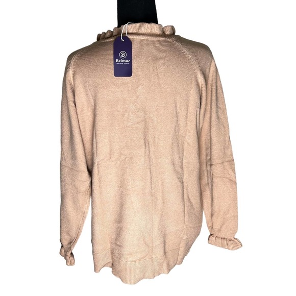 Women's Sweaters Long Sleeve Button Down Crew Neck Ruffle Knit Pullover Sweater - Picture 2 of 4